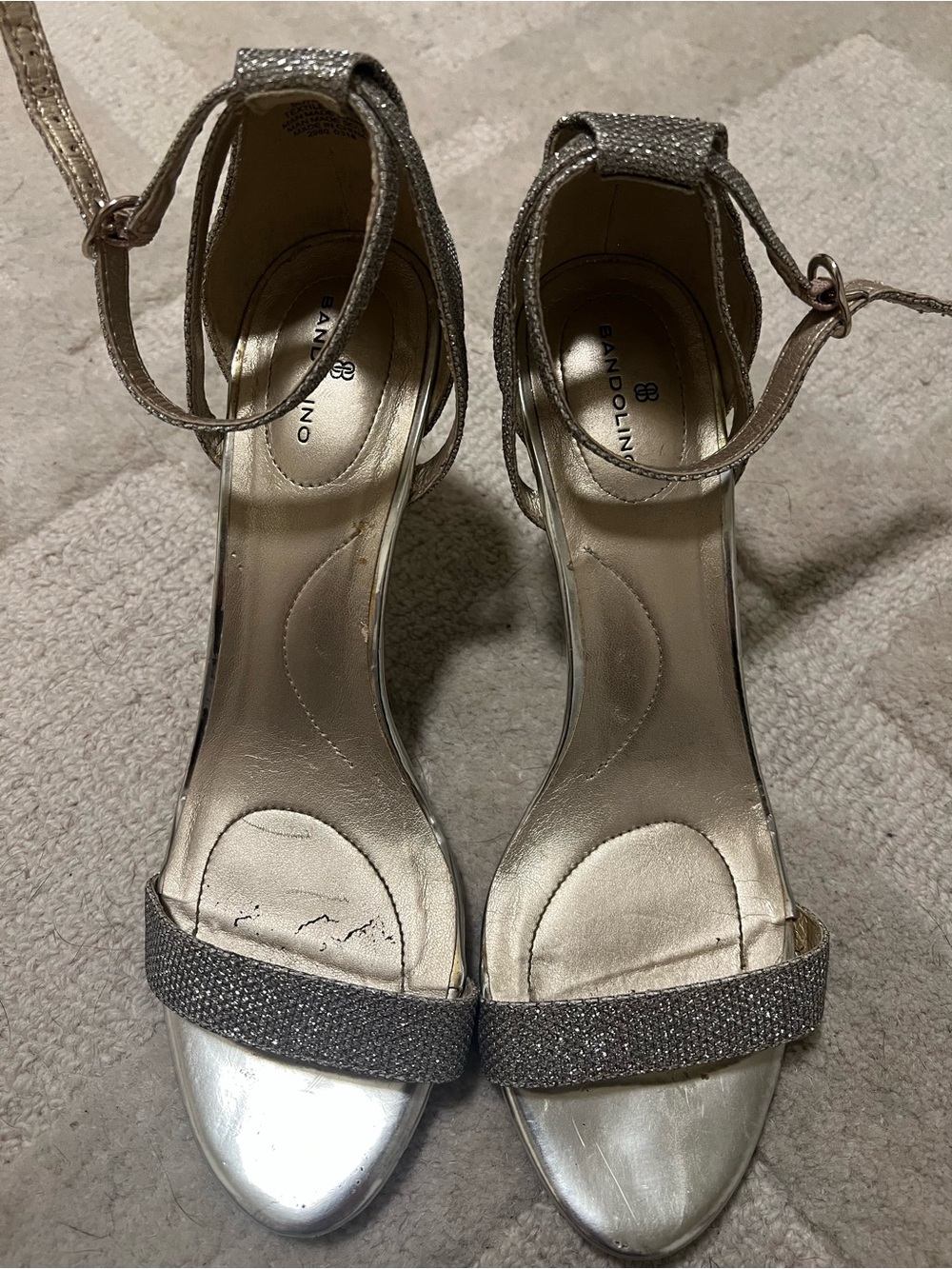 Bandolino Silver Metallic Glitter Strap Open-Toe Heels
